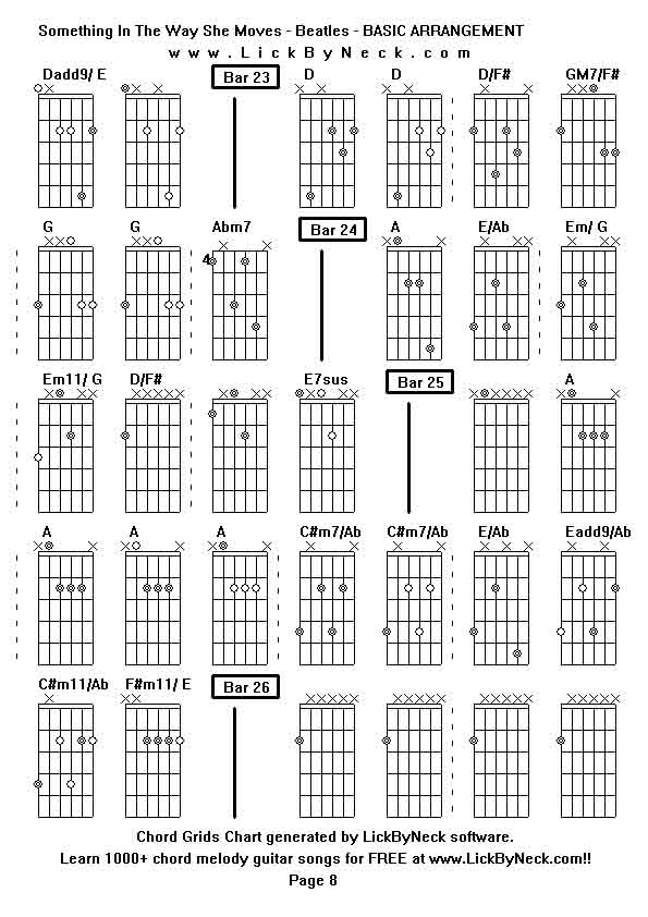 Chord Grids Chart of chord melody fingerstyle guitar song-Something In The Way She Moves - Beatles - BASIC ARRANGEMENT,generated by LickByNeck software.